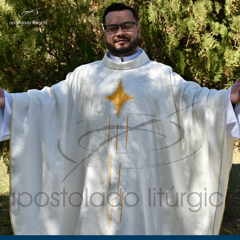 Conjunto casula e estola Luz das nações bordada Angeli Pérola
